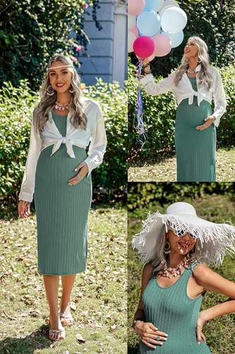 Vista 3 de Ekouaer Vestido de maternidad para mujer, de punto acanalado, sin mangas, con abertura lateral, vestido ajustado para embarazo, tallas S-XXL