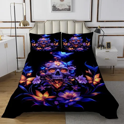Vista 2 de Erosebridal Gothic Skull Coverlet Set, Mandala Flowers Hippie Butterfly Bedspread Sets for Girls Boys Kids Trippy Skull Death Skeleton Quilt Set