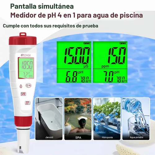 Vista 5 de Probador de pH, medidor de pH digital para agua, nueva versión de medidor TDS para agua potable con pantalla retroiluminada que muestra