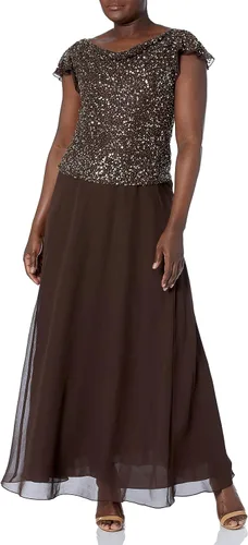 Vista 5 de J Kara Vestido largo de manga con volantes y cuello redondo y cuentas para mujer Champán Multi