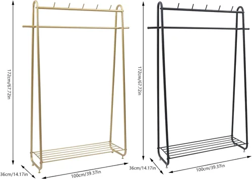 Vista 5 de Perchero de ropa resistente para dormitorio, sala de estar, perchero independiente de acero de estilo moderno con estantes, armario, color negro