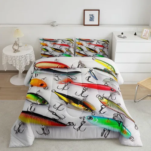 Vista 2 de Erosebridal Juego de ropa de cama de pesca tamaño individual, juego de edredón de peces coloridos para niños, adolescentes, hombres, pescadores