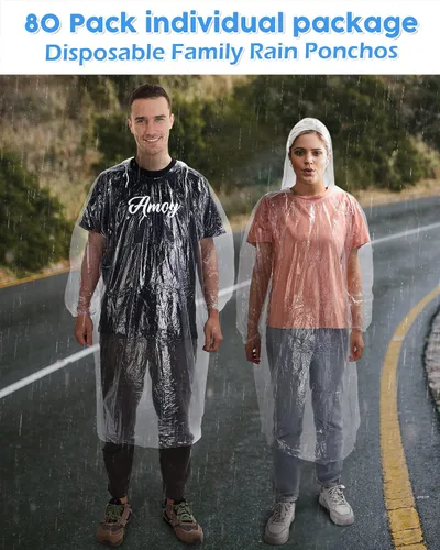Vista 2 de JaGely Paquete de 80 ponchos de lluvia desechables para adultos, a granel, boda, familia, viajes, sin hogar, paquete con capucha con cordón y manga