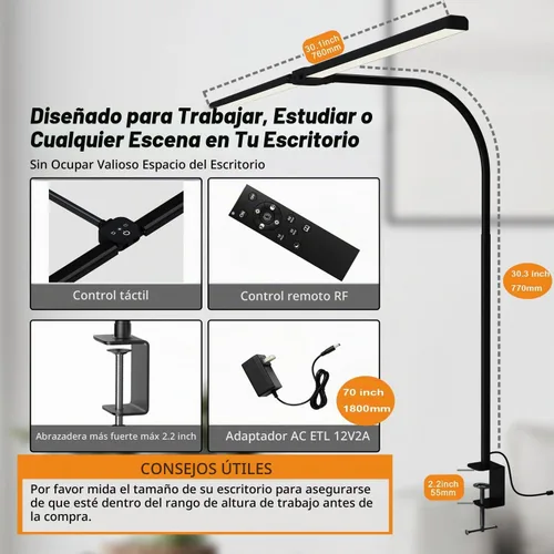 Vista 3 de Lámpara de escritorio LED para oficina en casa, luz de escritorio de arquitecto con abrazadera, 50 modelos de iluminación, control remoto y táctil