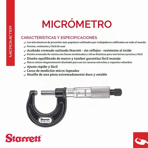 Vista 2 de Starrett 436.1 - Micrómetro exterior, tope trinquete, tuerca de bloqueo, caras de carburo, pulgadas, 1