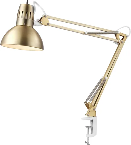 Vista 4 de Globe Electric 62000010 Lámpara de escritorio de 32" con múltiples articulaciones con abrazadera metálica, latón mate, acentos blancos, interruptor