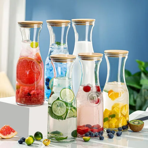 Vista 6 de Jarras de vidrio con tapas de bambú, 4 piezas de 1 litro para bebidas de 1 litro, juego de jarras para barra de mimosa, contenedor de jugo