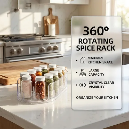 Vista 5 de Organizador giratorio de 360°, Lazy Susan para refrigerador, organizador de cocina de 13 x 8.5 pulgadas para refrigerador, gabinete, transparente