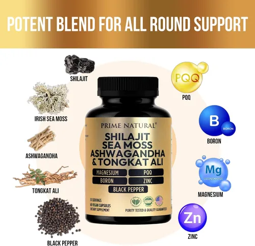 Vista 5 de Shilajit 1000 mg, musgo marino irlandés 100 mg, Ashwagandha 100 mg, Tongkat Ali, boro, magnesio, PQQ y más 60 cápsulas – Suministro de 30 días