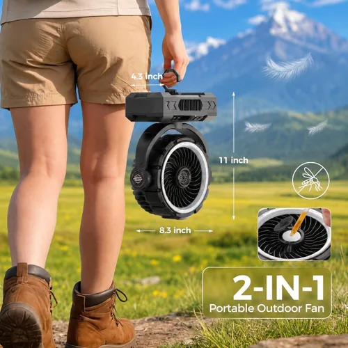 Vista 6 de Ventilador de camping recargable de 9 pulgadas 【Oscilante automático, máximo 60H】Ventilador portátil de 20000 mAh, funciona con pilas, luz Negro