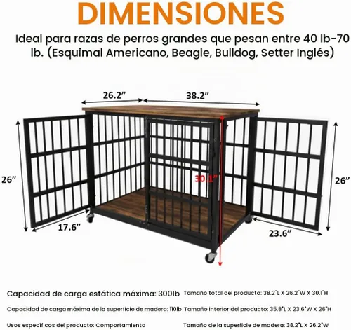 Vista 2 de KOKOTANGS Mueble de jaula para perros de 38 pulgadas, resistente para perros grandes, jaula de madera a prueba de fugas y masticaciones para perros
