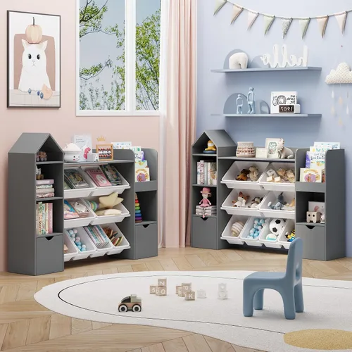 Vista 7 de Organizador de almacenamiento de juguetes para niños, estantería gris con 8 contenedores de juguetes extraíbles, organizadores de almacenamiento