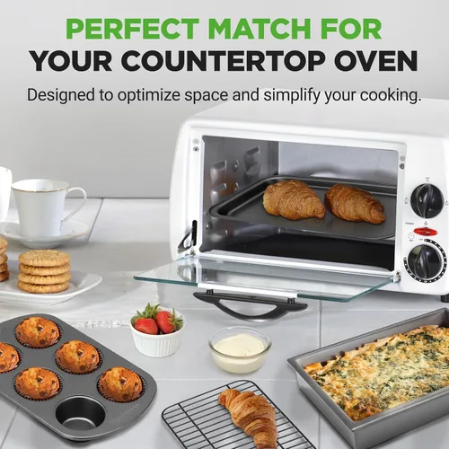 Vista 3 de NutriChef - Juego de 6 piezas para hornear en tostadora, juego compacto de bandejas antiadherentes apilables con moldes para muffins, bandeja