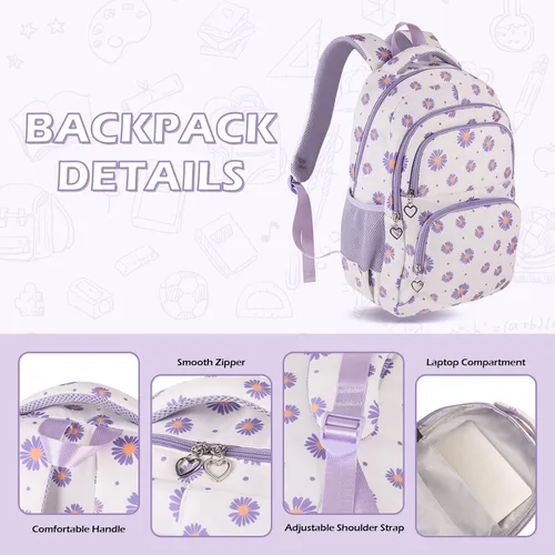 Vista 46 de goldwheat Mochilas impresas margaritas con paquete de almuerzo, estuche de lápices 3pcs, bolsa ligera resistente al agua para la escuela secundaria