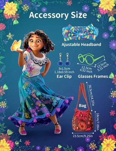 Vista 3 de Ainvliya Encanto Dress for Girls, Mirabel Isabella Encanto Costume, Christmas Cosplay Princess Dress Up With Bags Earrings
