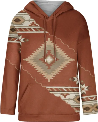 Vista 4 de Ceboyel Women Western Aztec Hoodies Drawstring Sweatshirt Pullover Ethnic Vintage Graphic Shirts Tops Causal Fall Clothes