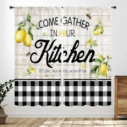 Vista 9 de Cortinas de cocina rústicas, color negro y blanco, tablón de madera con cuchillo y cuchara para barra, bolsillo para barra, tratamiento de ventana