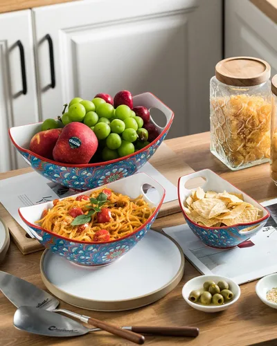 Vista 6 de LAUCHUH Tazones para servir con asas, platos de porcelana bohemia para entretener coloridos cuencos anidables para ensalada para cocina, fiesta