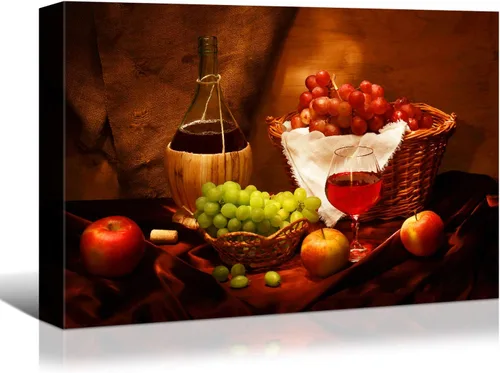 Vista 32 de Denozer - Arte de pared para cocina, lienzo, obras de arte de frutas, uvas, botellas de vino, alimentos, pintura en lienzo para comedor, decoración