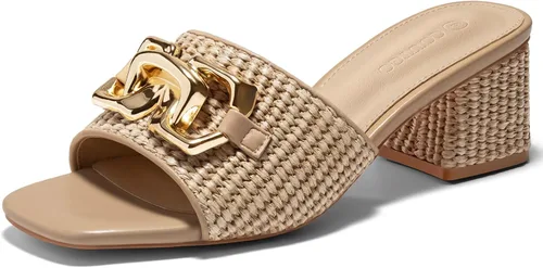 Vista 9 de Coutgo Sandalias de cuña con tacón grueso de rafía para mujer, con punta abierta, cuadradas, con cadena metálica, sin cordones, elegantes