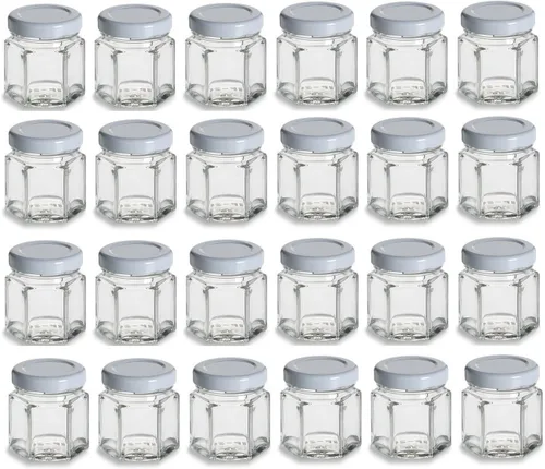 Vista 8 de Nakpunar 24 tarros hexagonales de vidrio de 1.5 oz con tapas negras - 1.5 fl oz