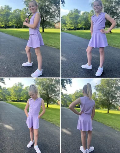 Vista 6 de LIONJIE Vestido de tenis y golf para niñas, sin mangas, con bolsillos, pantalón deportivo y camiseta sin mangas