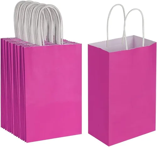 Vista 3 de Oikss Cada paquete de 50 bolsas pequeñas de papel kraft amarillo y fucsia con asas a granel