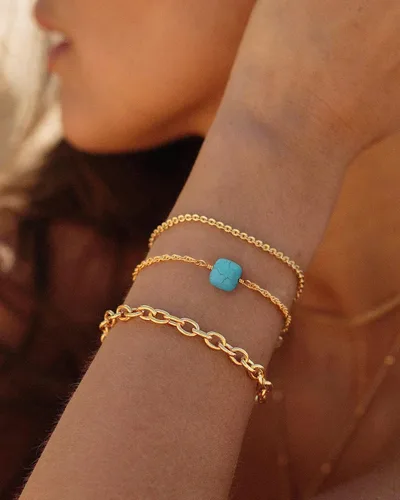 Vista 5 de Pulsera de cadena de oro de 18 quilates con perlas diminutas de la suerte de ojo turco turquesa conjuntos de pulseras de eslabones minimalistas