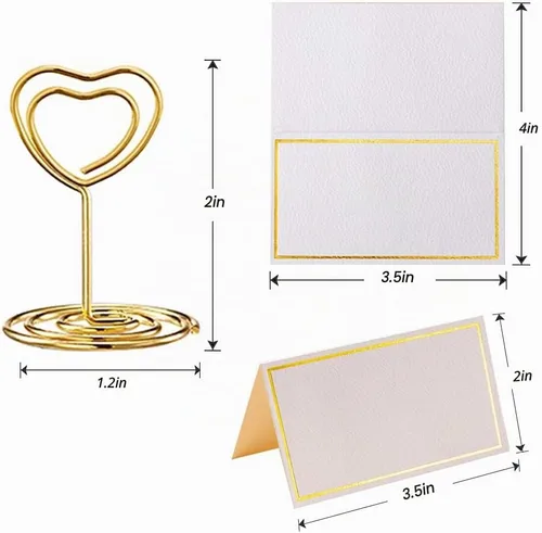 Vista 3 de Toncoo 24 mini tarjeteros de lugar y 24 tarjetas de lugar con borde de lámina dorada, soporte de número de mesa con forma de corazón, soporte