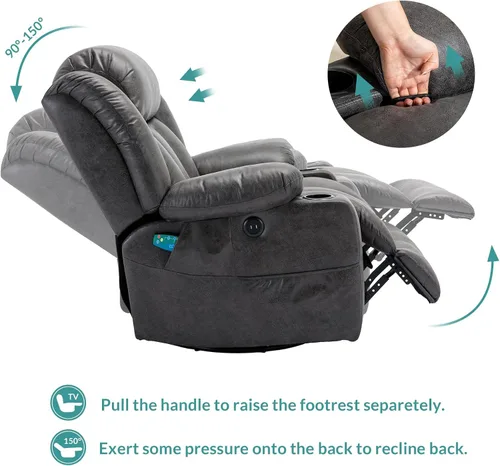 Vista 6 de MEETWARM Massage Swivel Rocker Recliner with Heat and Vibration, Manual Glider Rocking Recliner Chair, 360°Swivel Lounge Reclining Chair with Cup