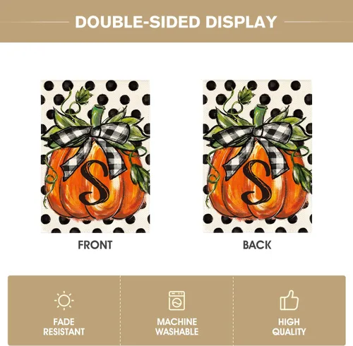 Vista 6 de AVOIN colorlife Bandera de jardín con monograma de otoño con letra S, diseño de calabaza, con diseño de lunares, 12 x 18 pulgadas, doble cara