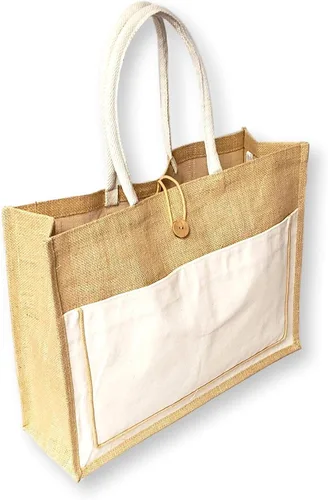 Vista 5 de SONA G DESIGNS Yute de estilo vintage con bolsillo de algodón negro reutilizable bolsa de compras grande Natural: sin bordado