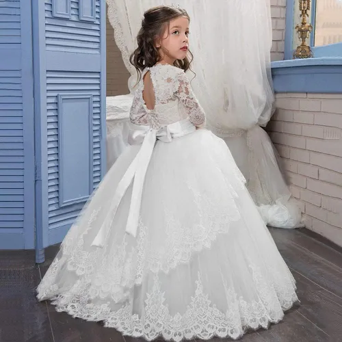Vista 3 de Vestido de encaje de manga larga para niña, princesa de tul, vestido de baile