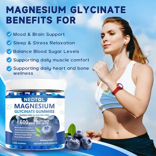 Vista 2 de Gomitas de glicinato de magnesio de 600 mg, suplemento de magnesio y potasio sin azúcar para adultos con L-treonato de magnesio, vitamina D, B6