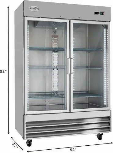 Vista 3 de KoolMore Congelador vertical comercial de acero inoxidable con puertas de vidrio de cierre automático, 6 estantes de almacenamiento, ruedas