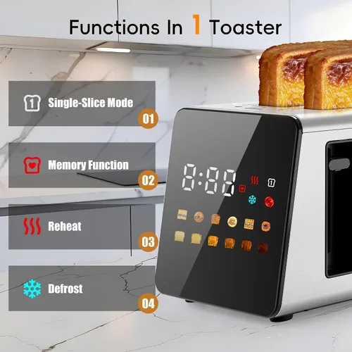 Vista 2 de WUNLY Tostadora de 2 Rebanadas, Panel de Control Dual Independiente con Pantalla Táctil, 5 Funciones Básicas y Cuenta Regresiva Digital, 6 Ajustes