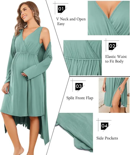 Vista 2 de Ekouaer Conjunto de bata y bata de maternidad para mujer, camisón de lactancia para el parto, ropa de embarazo, S-XXL