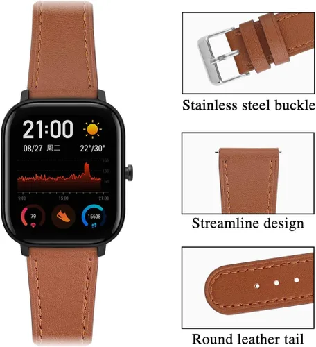 Vista 3 de Correa de reloj de cuero compatible con Amazfit Active 2/GTS 4 4mini 3 2 2e 2 mini >R 1.654 in y Bip 3/Bip 3 Pro/Bip U Pro/Bip/Bip Lite/Bip S/Bip S