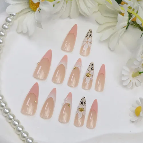 Vista 3 de Uñas largas a presión con estampado de leopardo de aguja rosa y blanco, punta francesa, uñas postizas a presión con diseño de bolas de acero