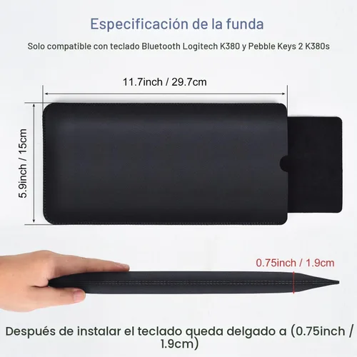Vista 2 de Funda protectora para teclado Logitech K380 y Logitech Pebble 2 y Pebble Keys 2 K380s Bluetooth, funda de cuero PU Logitech K380 para viajes, Negro