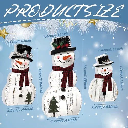 Vista 3 de Barydat 3 piezas de decoración de madera de muñeco de nieve de Navidad, centros de mesa rústicos de muñeco de nieve, letrero de bloque para Navidad