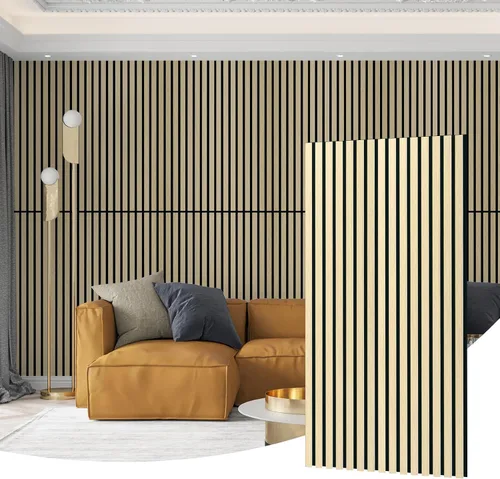 Vista 6 de AMZDEPOT Panel de pared de listones de madera, paquete de 4 paneles de madera para pared, paneles de pared insonorizados 3D, paneles acústicos