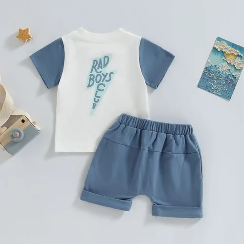 Vista 3 de Conjunto de ropa de verano para bebé niño pequeño, camiseta de manga corta con letras y pantalones cortos enrollados para recién nacidos