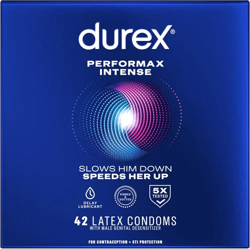 Vista 19 de Preservativos ultrafinos, acanalados, punteados con lubricante retardante, Durex Performax Intense - Preservativos de látex de goma natural, 12