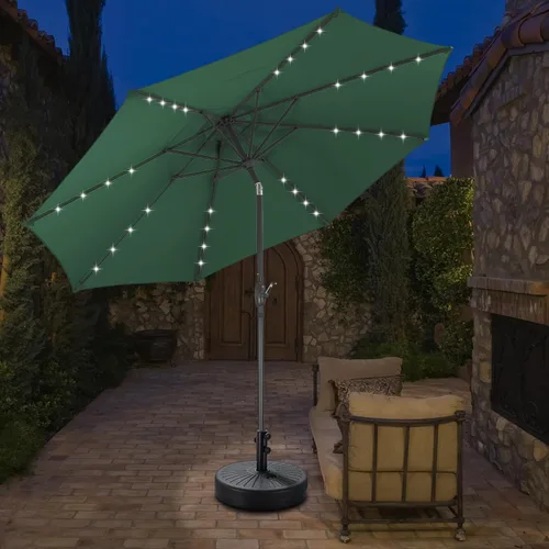 Vista 10 de Sombrilla solar de patio de 10 pies con base, 32 luces LED, sombrilla de mercado al aire libre con botón de inclinación y grietas para jardín Azul