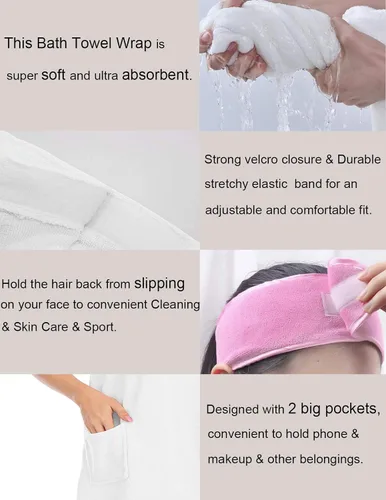 Vista 6 de Veseacky Toalla de baño para mujer con bolsillo, bata de spa ajustable y diadema facial