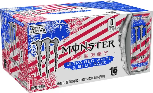 Vista 3 de Monster Energy Ultra Red White & Blue Razz, bebida energética sin azúcar, 16 onzas (paquete de 15)