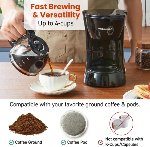 Vista 5 de Elite Gourmet EHC4128 Cafetera automática de 4 tazas para preparar y gotear con pausa y servir, jarra de vidrio, filtro reutilizable, interruptor