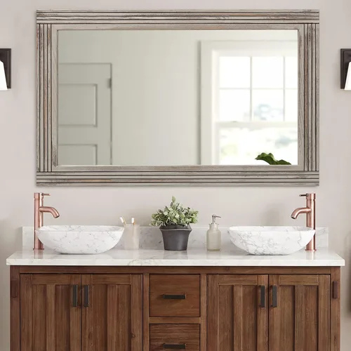 Vista 13 de Espejo de pared de madera empalmada hecha a mano para baño, espejo de tocador rústico estilo granja, arte de pared de decoración, marco de madera