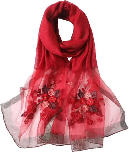 Vista 3 de WINCESS.YU Women Embroidered Silk Scarf, 75* 28 Inches Long Shawl and Wraps Negro